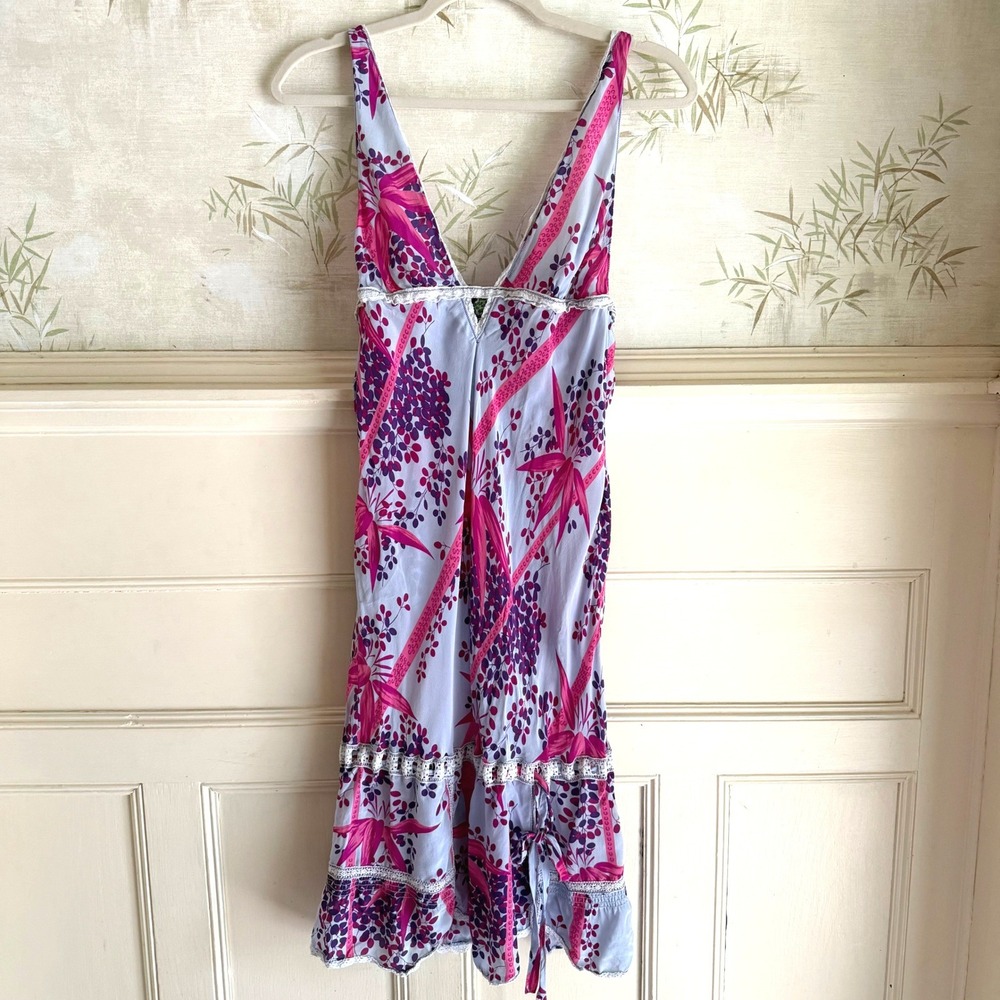 Intimately Free People Silk Slip Dress Purple Pink Floral Lace Trim Boho Mini L